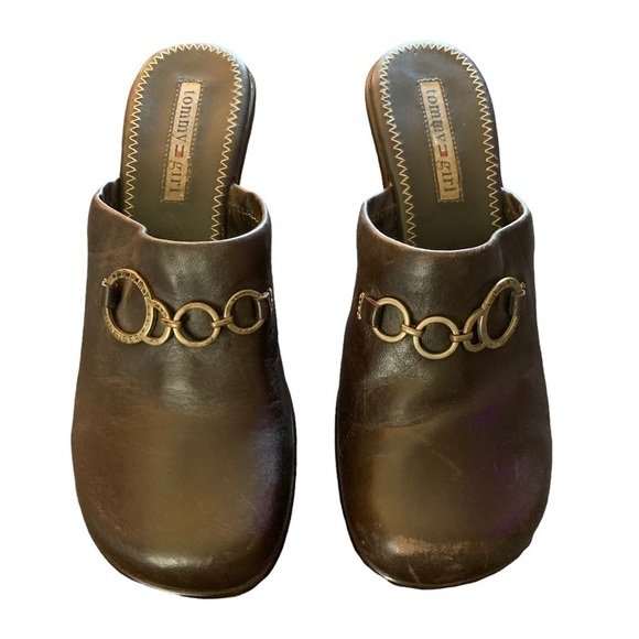 VINTAGE TOMMY GIRL Chunky Brown Leather Platform Mules Clogs Y2K 2000s Size 6 - Picture 1 of 8